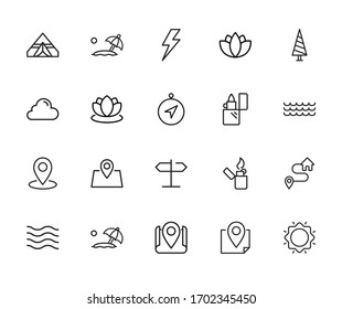 Colección de iconos de línea de vectores de exteriores. Pictogramas de contorno vectorial aislados en un fondo blanco. Colección de iconos de línea para aplicaciones web y concepto móvil. Símbolos de calidad superior