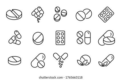 Kollektion von Vektorgrafiken-Symbolen für Pille. Vektorgrafik-Piktogramme einzeln auf weißem Hintergrund. Kollektion von Line-Icons für Web-Apps und mobiles Konzept. Symbole von hoher Qualität