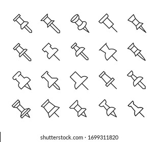Colección de iconos de la línea del vector del pasador de empuje. Pictogramas de contorno vectorial aislados en un fondo blanco. Colección de iconos de línea para aplicaciones web y concepto móvil. Símbolos de calidad superior
