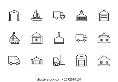 Colección de iconos de línea de vectores de envío. Pictogramas de contorno vectorial aislados en un fondo blanco. Colección de iconos de línea para aplicaciones web y concepto móvil. Símbolos de calidad superior