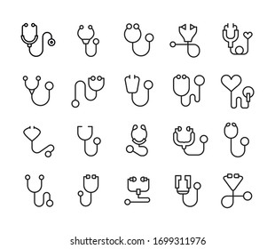 Vektorillustration Linie Symbole Sammlung von Stethoskop. Vektorillustration umreißt Piktogramme einzeln auf weißem Hintergrund. Kollektion von Line-Icons für Web-Apps und mobiles Konzept. Symbole von hoher Qualität