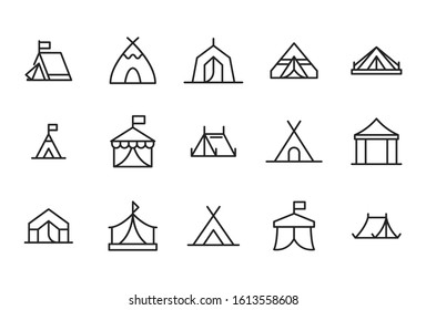 Vector line icons collection of tent. Vector outline pictograms isolated on a white background. Line icons collection for web apps and mobile concept. Premium quality symbols