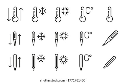 Colección de iconos de línea de vectores del termómetro. Pictogramas de contorno vectorial aislados en un fondo blanco. Colección de iconos de línea para aplicaciones web y concepto móvil. Símbolos de calidad superior