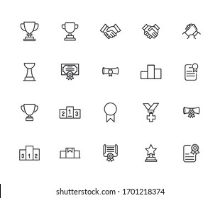Kollektion von Vektorillustration-Linien-Symbolen der Trophäe. Vektorillustration umreißt Piktogramme einzeln auf weißem Hintergrund. Kollektion von Line-Icons für Web-Apps und mobiles Konzept. Symbole von hoher Qualität