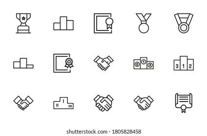 Colección de trofeos de iconos de la línea del vector. Pictogramas de contorno vectorial aislados en un fondo blanco. Colección de iconos de línea para aplicaciones web y concepto móvil. Símbolos de calidad superior