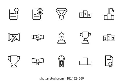 Kollektion von Vektorgrafiken mit Symbolen der Trophäe. Vektorgrafik-Piktogramme einzeln auf weißem Hintergrund. Kollektion von Line-Icons für Web-Apps und mobiles Konzept. Symbole von hoher Qualität