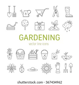 Vector line icons collections made in minimalist modern style. 
Flower and gardening. Tools and materials for working in garden.
