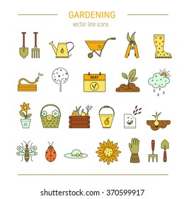 Vector line icons collections made in minimalist modern style. 
Flower and gardening. Tools and materials for working in garden.