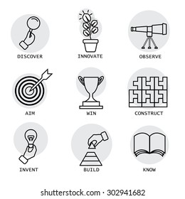 vector line icons of concepts like discovery, innovation, invention. it also represents concepts like construction, building, aiming, target, knowing, knowledge, victory, competition, observation