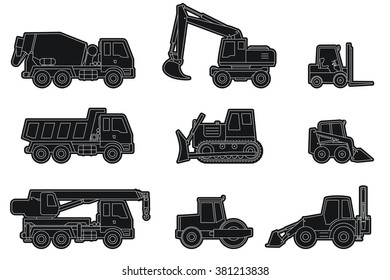 Vector line icons of construction machinery silhouettes.