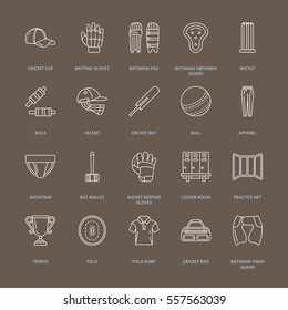 Vector line icons of cricket sport game. Ball, bat, wicket, helmet, batsman gloves. Linear signs set, championship pictograms with editable stroke for event, equipment store