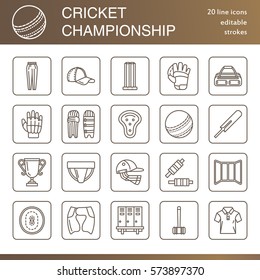 Vector line icons of cricket sport game. Ball, bat, wicket, helmet, batsman gloves. Linear signs set, championship pictograms with editable stroke for event, equipment store