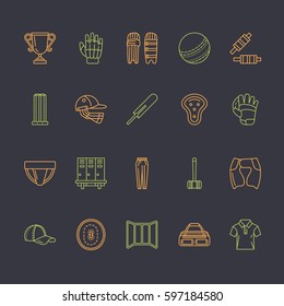 Vector line icons of cricket sport game. Ball, bat, wicket, helmet, batsman gloves. Linear signs set, championship pictograms with editable stroke for event, equipment store.