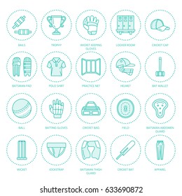 Vector line icons of cricket sport game. Ball, bat, wicket, helmet, batsman gloves. Linear signs set, championship pictograms with editable stroke for event, equipment store. Blue color.