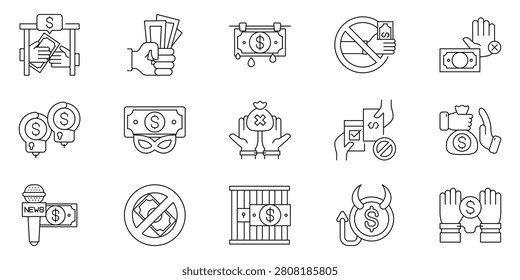 Vector line icons depicting the dark side of finance, including money laundering, bribery, fraud, and illegal transactions, highlighting economic crimes and societal issues with a modern outline style