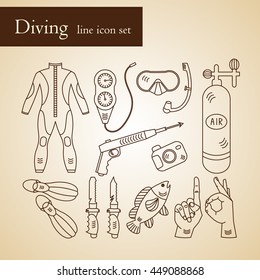 Vector line icons with diving equipment. Linear icons of scuba, oxygen balloon, diver knife, harpoon, spear gun, gauge, camera.