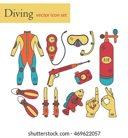 Vector line icons with diving equipment. Linear colored icons of scuba, oxygen balloon, diver knife, harpoon, spear gun, gauge, camera.