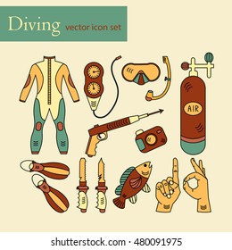 Vector line icons with diving equipment. Linear colored icons of scuba, oxygen balloon, diver knife, harpoon, spear gun, gauge, camera.