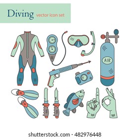 Vector line icons with diving equipment. Linear colored icons of scuba, oxygen balloon, diver knife, harpoon, spear gun, gauge, camera.