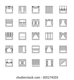 Vector Line Icons With Drapes. Window Covering. Different Styles Of Draperies, Curtains And Blinds. Roman, French, Roller, Pleat, Japanese, Threads. Elements For Interior Decoration.