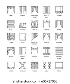 Vector Line Icons With Drapes. Window Covering. Different Styles Of Draperies, Curtains And Blinds. Roman, French, Roller, Pleat, Japanese, Threads. Elements For Interior Decoration.