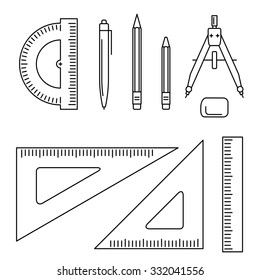 Vector line icons of drawing instrument. Thin drawing professional equipment.