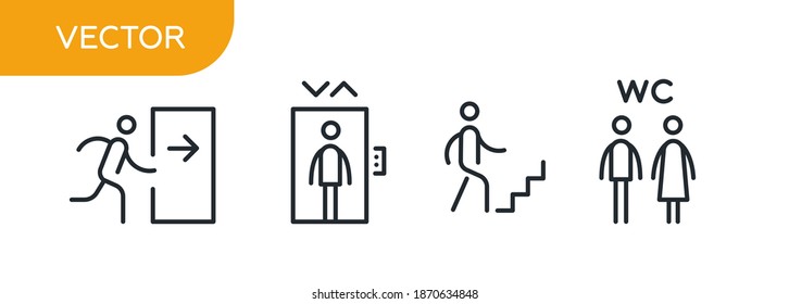 Vector line icons. Exit, WC, elevator, stairs. Symbols for hotels, public buildings, exit plans. Public navigation. Isolated on white background, flat design