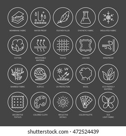 Vector line icons of fabric feature, garments property symbols. Elements - cotton, wool, waterproof, uv protection. Linear wear labels, textile industry pictogram with editable stroke for clothes.