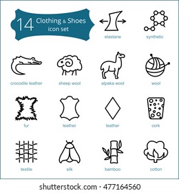 Vector line icons of fabric feature, garments property symbols. Elements - cotton, wool, waterproof, leather, crocodile leather, cork icon. Linear wear labels, textile industry pictogram.