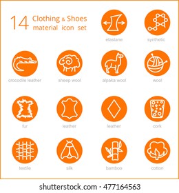 Vector line icons of fabric feature, garments property symbols. Elements - cotton, wool, waterproof, uv protection. Linear wear labels, textile industry pictogram.