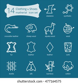Vector line icons of fabric feature, garments property symbols. Elements - cotton, wool, waterproof, uv protection. Linear wear labels, textile industry pictogram.