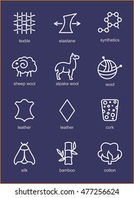 Los iconos de la línea de Vector de la característica de la tela, símbolos de la propiedad de la ropa. Elementos - algodón, lana, impermeable, protección UV. Etiquetas de desgaste lineal, pictograma de la industria textil.