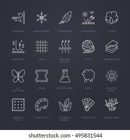 Vector line icons of fabric feature, garments property symbols. Elements - cotton, wool, waterproof, uv protection. Linear wear labels, textile industry pictogram with editable stroke for clothes.