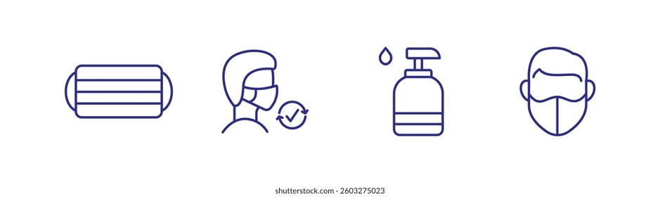Vector line icons of face masks and sanitizer for hygiene and health safety.