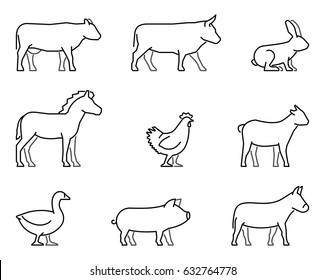 Vector line icons for farm animals on white background.