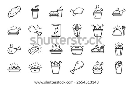 Vector Line Icons of Fast Food and Fried Chicken Meals Including Burgers, Drumsticks, Snacks, and Beverages for Restaurant and Delivery Branding