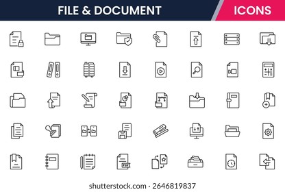 Vector line icons of files, folders, documents, PDFs, uploads, downloads, editing, sharing, archiving, and storage perfect for digital platforms, apps, and websites.