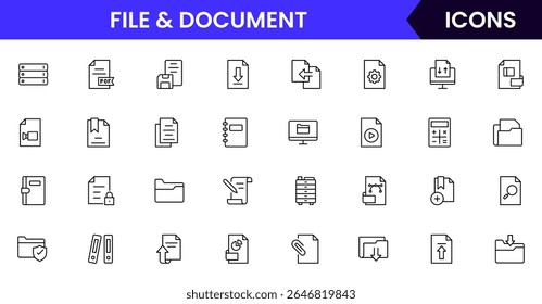 Vector line icons of files, folders, documents, PDFs, uploads, downloads, editing, sharing, archiving, and storage perfect for digital platforms, apps, and websites.