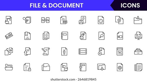 Vektorlinien-Symbole von Dateien, Ordnern, Dokumenten, PDFs, Uploads, Downloads, Bearbeitung, Freigabe, Archivierung und Speicherung eignen sich perfekt für digitale Plattformen, Apps und Websites.