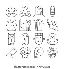 Vector line icons with halloween symbols and objects. Trick or treat line icons of pumpkin, skull, vampire, bat, coffin and other.