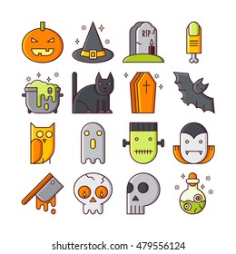 Vector line icons with halloween symbols and objects. Trick or treat line icons of pumpkin, skull, vampire, bat, coffin and other.