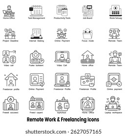 Vector line icons illustrating remote work and freelancing themes. Includes elements like home office setups, online payment systems, task management tools, and video call concepts. 