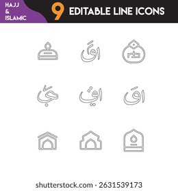 Ícones de linha vetorial para as celebrações islâmicas e a peregrinação santa.