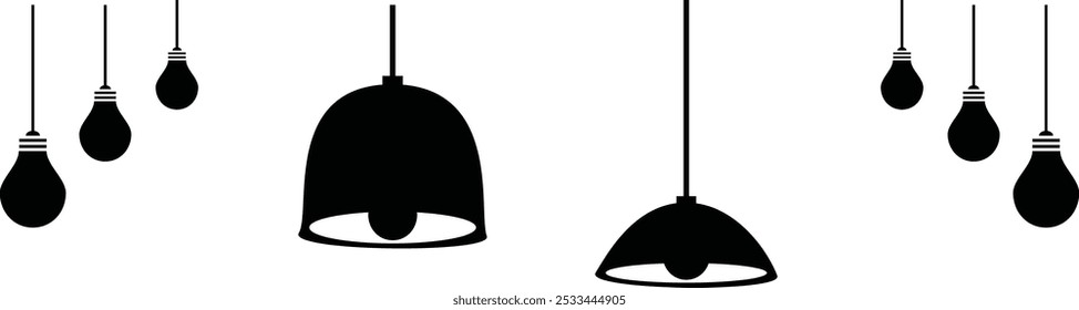 Vector line icons of lamps and interior lighting. Includes lanterns, chandeliers, candles, spotlights, halogen lights, and flashlights. Perfect for home illumination designs featuring ceiling chandeli