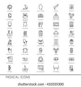 Vector line icons with medical symbols specialization. Medical professions. Line icons of narcology, cosmetology, obstetrics, medical testing and other.