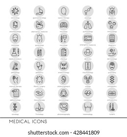 Vector Line Icons With Medical Symbols Specialization. Medical Professions. Line Icons Of Narcology, Cosmetology, Obstetrics, Medical Testing And Other.