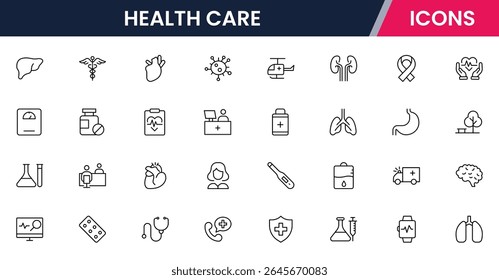 Ícones de linha de vetor de ferramentas médicas, hospitais, médicos, registros de saúde, bem-estar, diagnóstico, tratamento e cuidados perfeitos para aplicativos e sites.