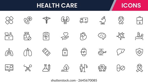 Ícones de linha de vetor de ferramentas médicas, hospitais, médicos, registros de saúde, bem-estar, diagnóstico, tratamento e cuidados perfeitos para aplicativos e sites.