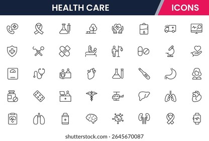 Ícones de linha de vetor de ferramentas médicas, hospitais, médicos, registros de saúde, bem-estar, diagnóstico, tratamento e cuidados perfeitos para aplicativos e sites.