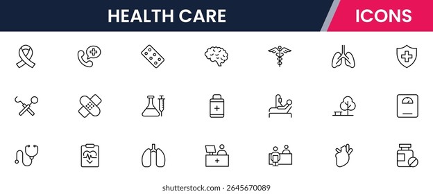 Ícones de linha de vetor de ferramentas médicas, hospitais, médicos, registros de saúde, bem-estar, diagnóstico, tratamento e cuidados perfeitos para aplicativos e sites.